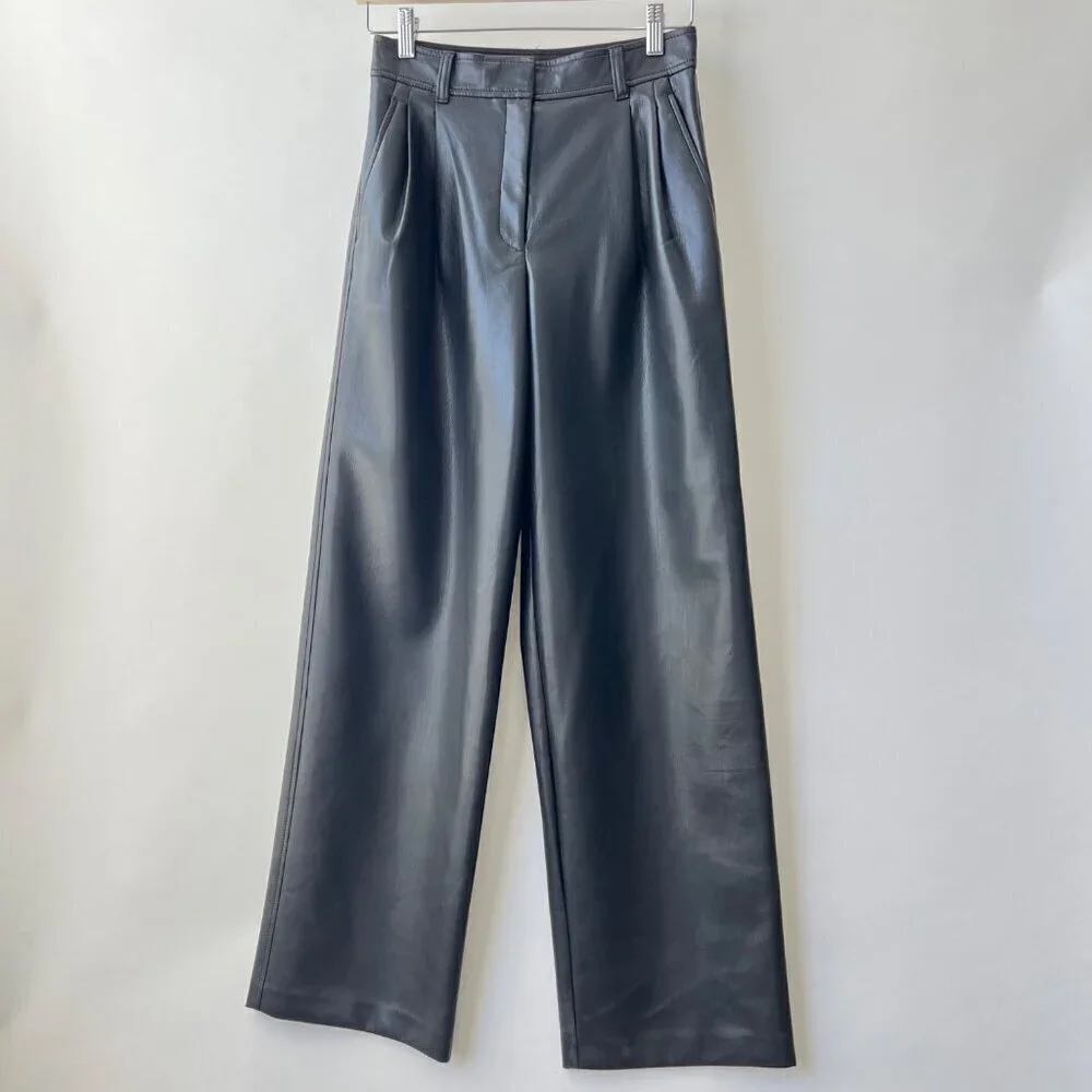 Babaton faux leather Pleated wide legs pants, Black, Size 2 K44